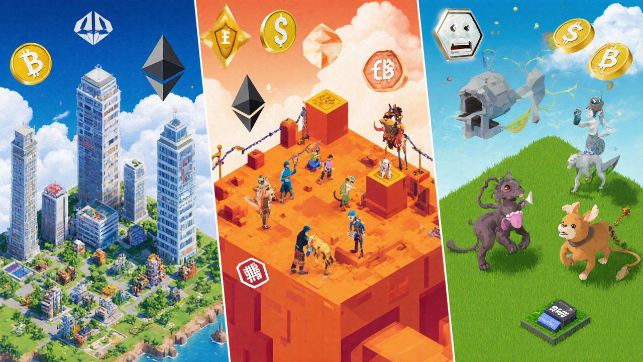 Drei Panels zeigen Decentraland, The Sandbox und Axie Infinity mit jeweiligen NFTs.