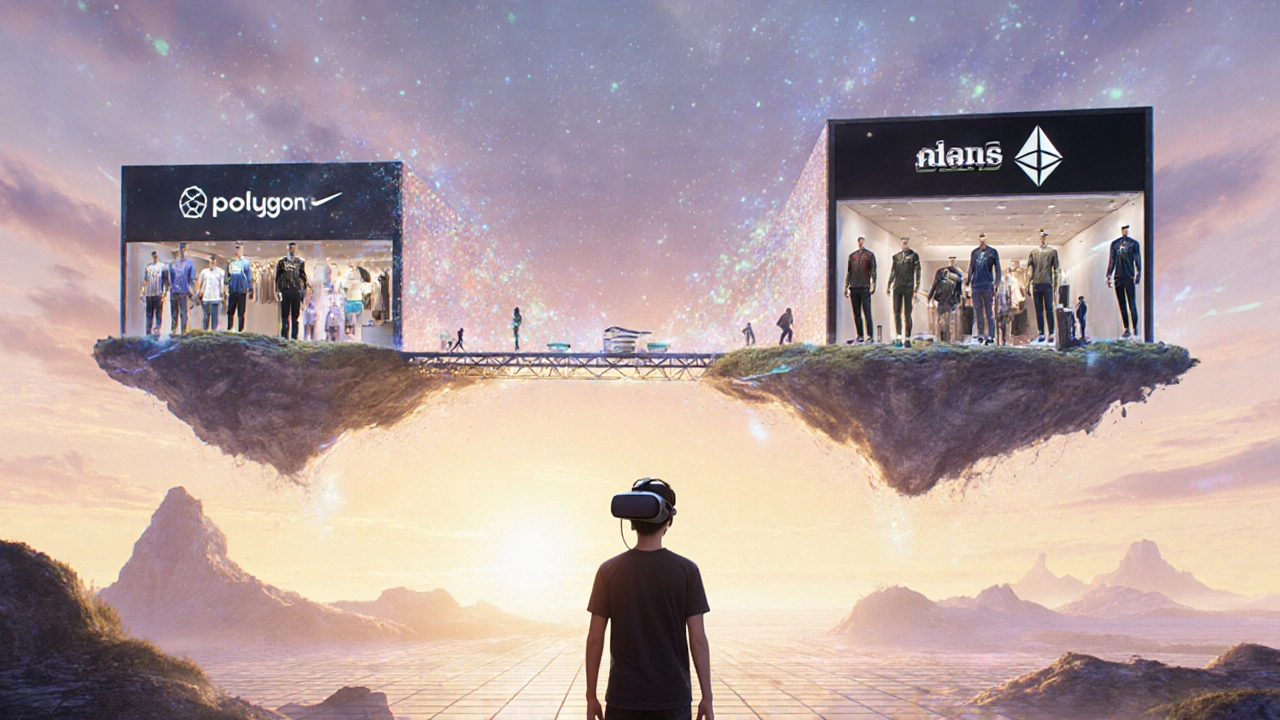 Entwickler in VR vor einer Cross‑Chain‑Brücke, digitale Markenstores im Hintergrund.