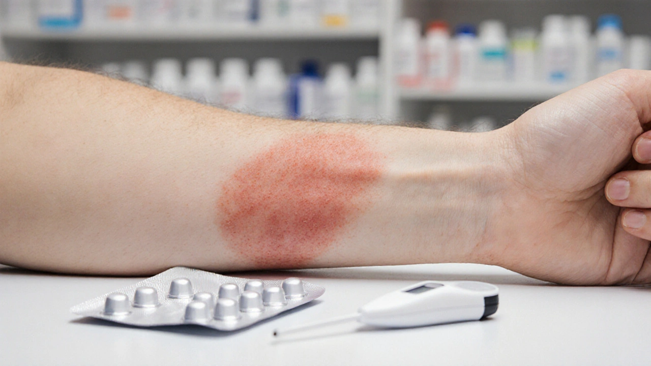 Feiner Hautausschlag am Arm mit Medikamenten-Packung im Vordergrund, klinische Darstellung.