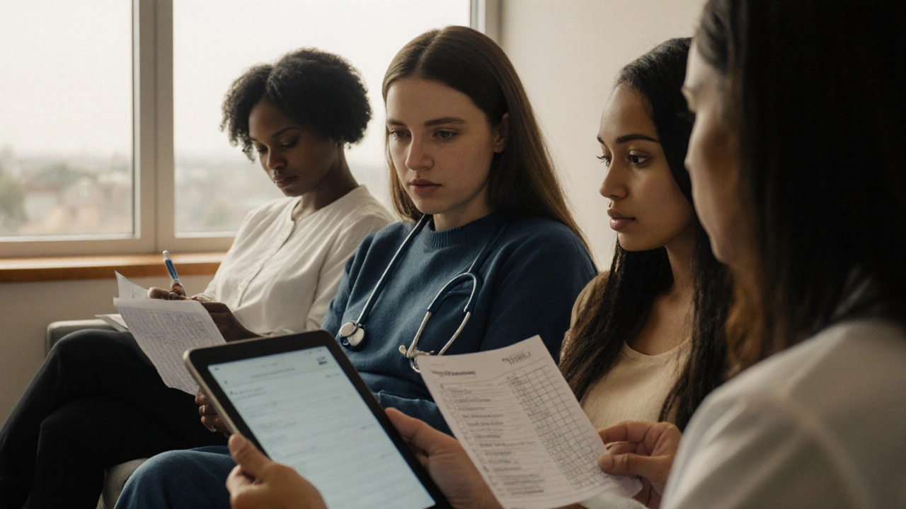 Patienten im Wartezimmer mit Medikamentenlisten, sprechen mit Arzt bei natürlichem Licht.