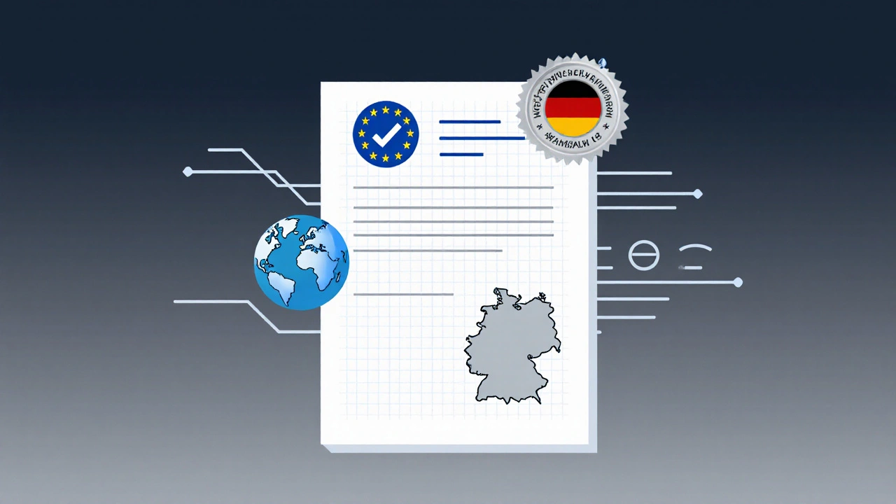 Abstrakte Darstellung eines EU‑Dokuments und ISO‑Codes, die Nordrhein-Westfalen in einem globalen Kontext zeigen.