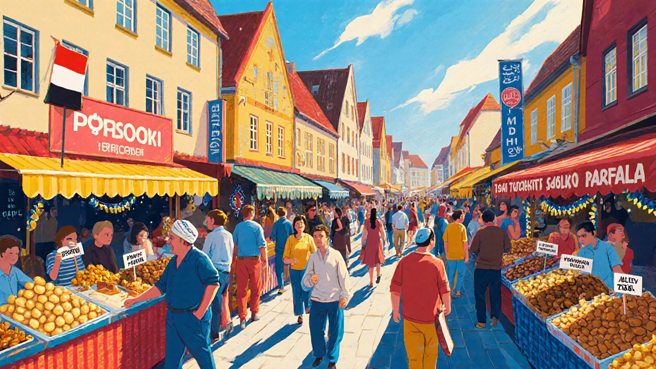 Bunter Marktplatz mit Ständen aus Polen, der Türkei und Syrien in Oer‑Erkenschwick.