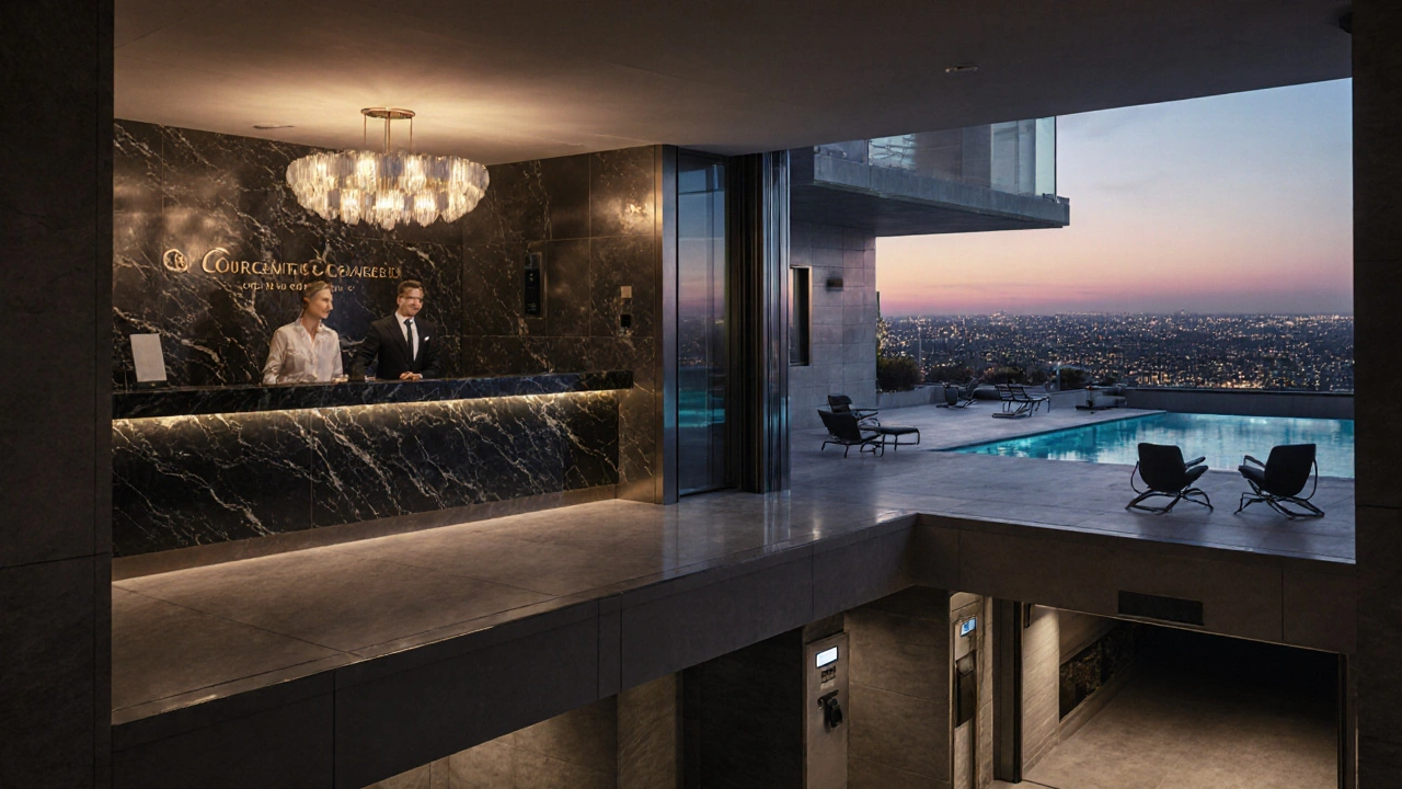 Conciergebereich, private Aufzug und Dachterrasse mit Pool und EV‑Ladestationen.