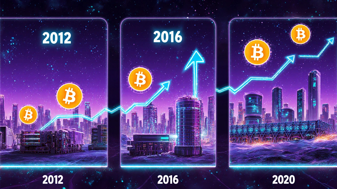 Drei Szenen zeigen die Halvings 2012, 2016 und 2020 mit steigenden digitalen Türmen.
