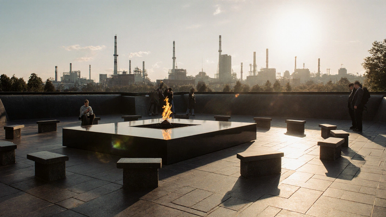 Gedenkstätte in NRW bei Sonnenaufgang, Besucher vor Metalldenkmal