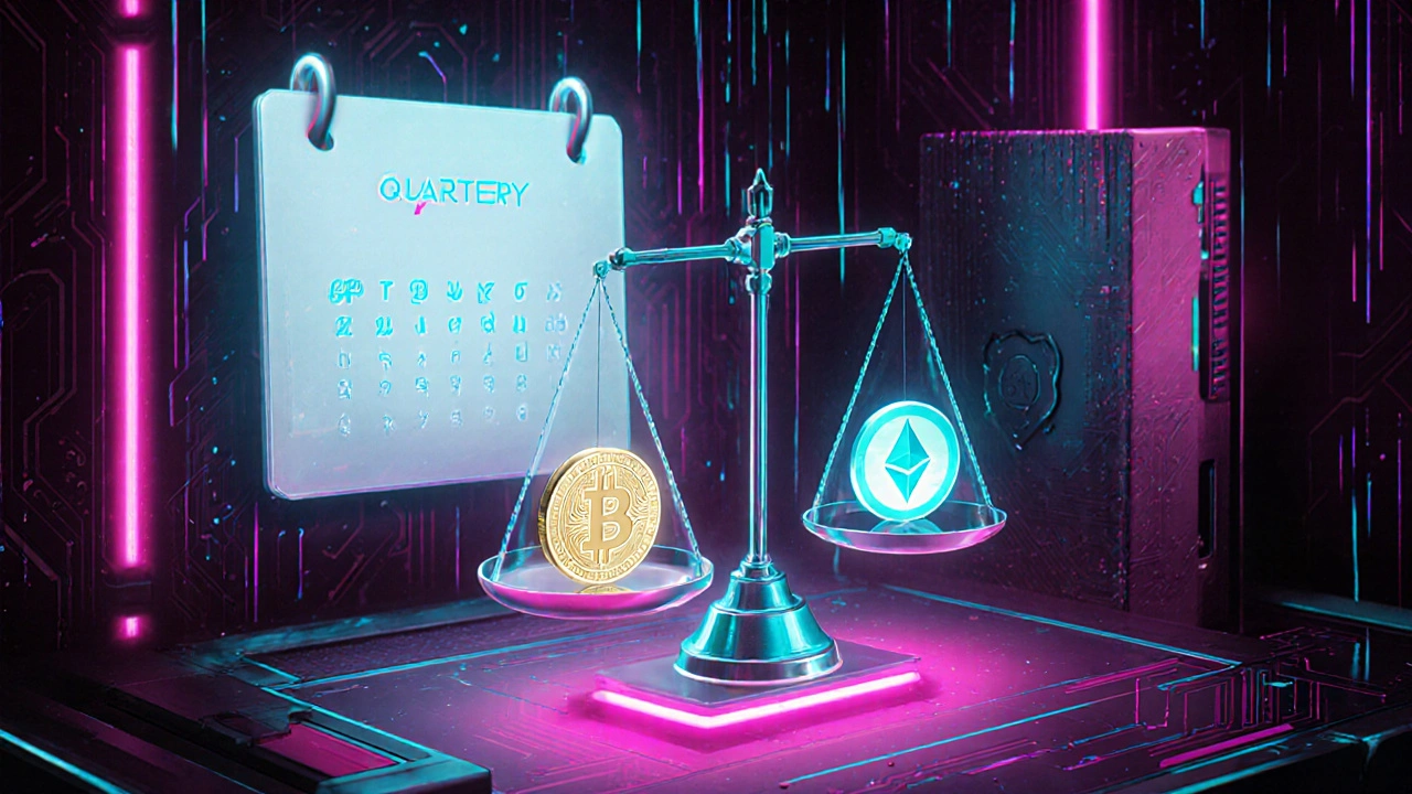 Holographische Waage balanciert verschiedene Krypto‑Assets, Symbol für Rebalancing.