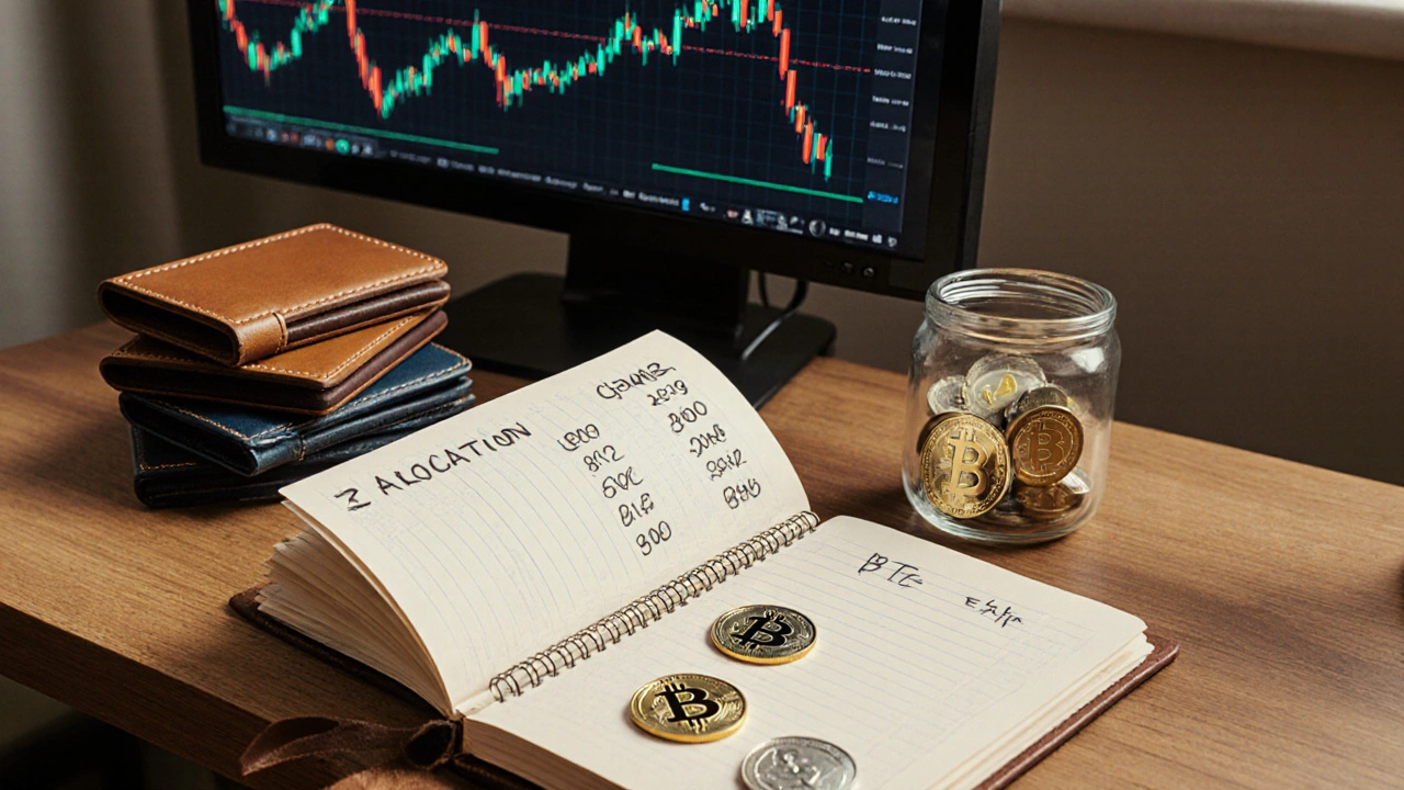 Holztisch mit Krypto‑Coins, Hardware‑Wallets und offener Notiz.
