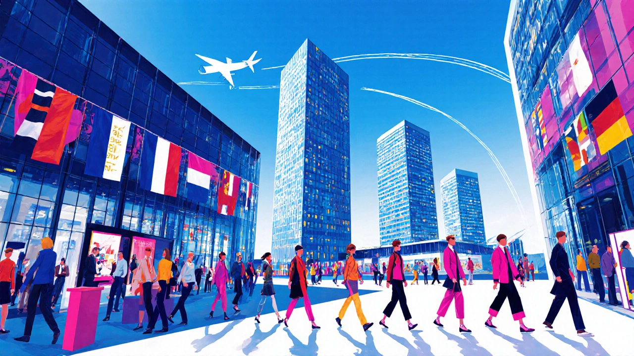 Illustration der Messe, Mode, Finanzhochhäuser und Flughafenflieger über Düsseldorf.