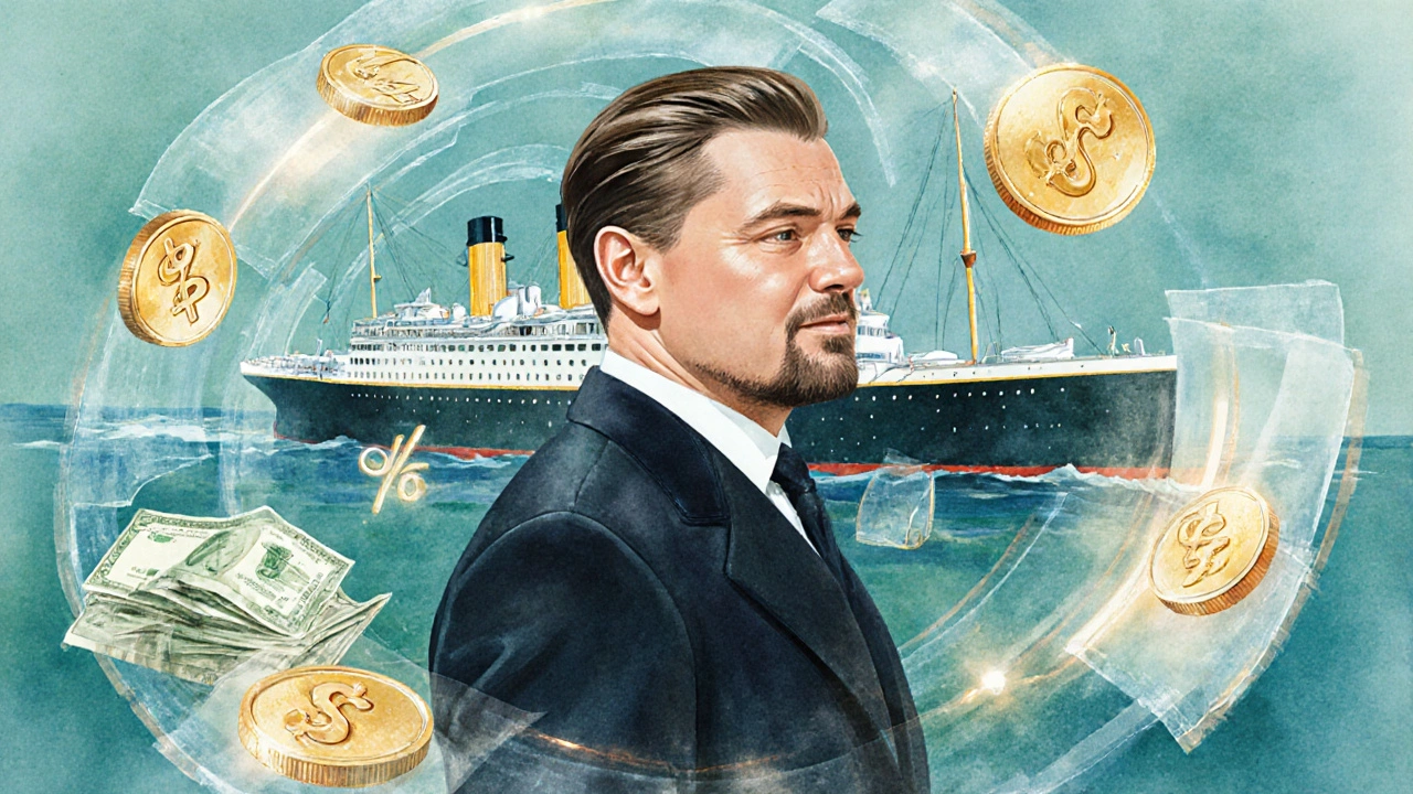 Leonardo umgeben von Goldmünzen und Geldscheinen, die seine Titanic‑Verdienste symbolisieren.