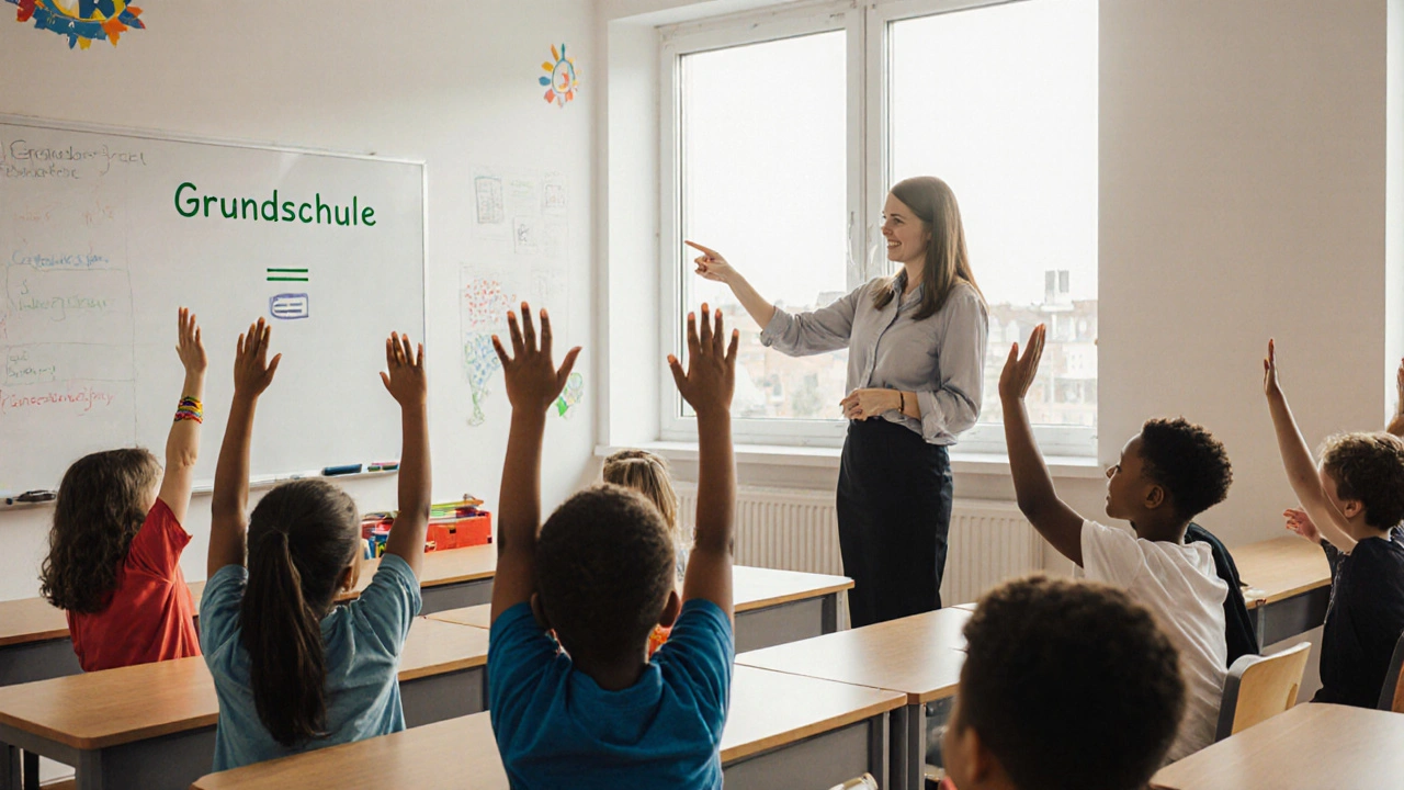 Multikulturelle Klasse in einer internationalen Schule mit Lehrer an der Tafel.