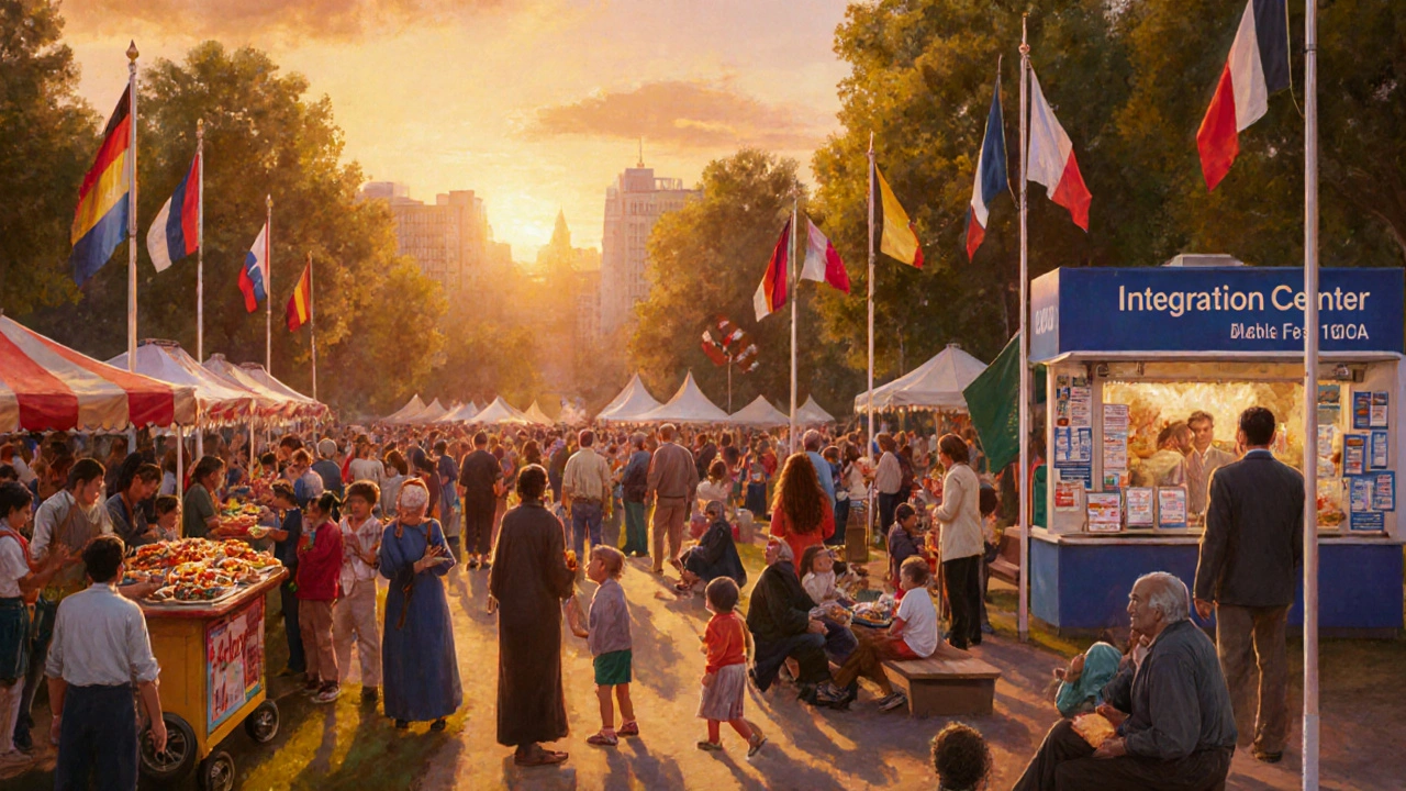 Multikulturelles Straßenfest im Park, Menschen aus vielen Ländern feiern gemeinsam.