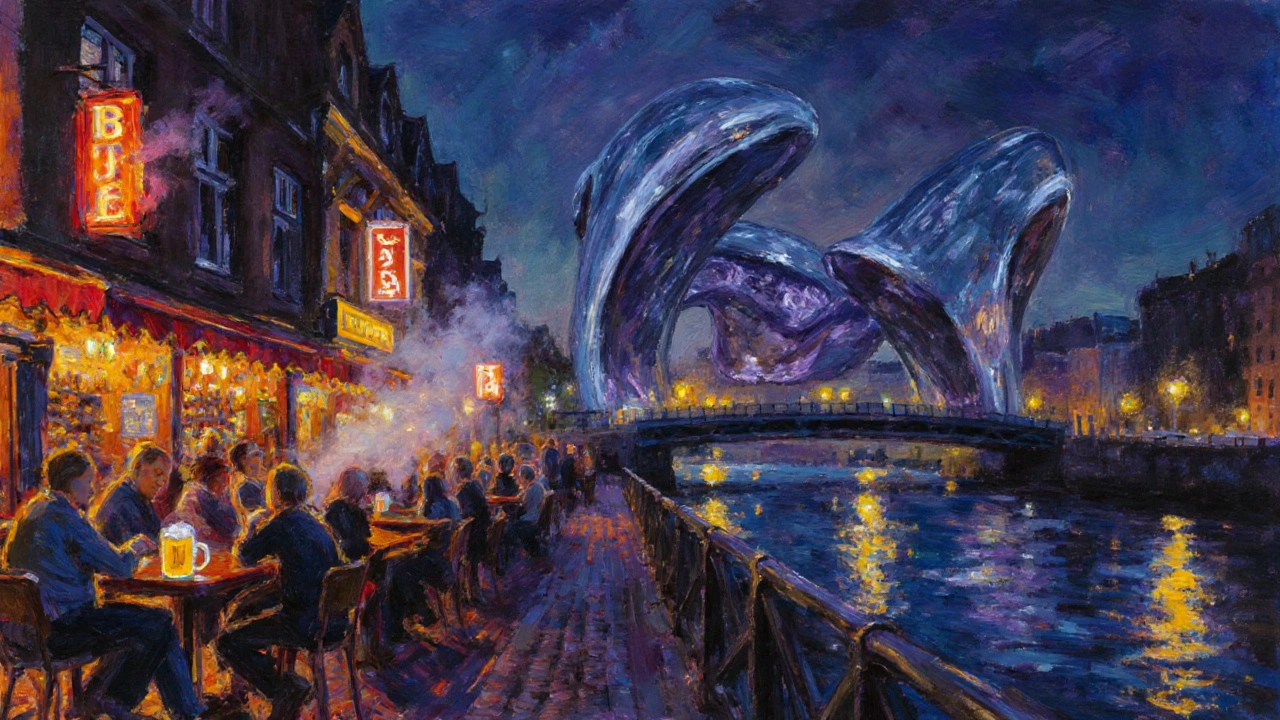 Nachtansicht der Düsseldorfer Altstadt und MedienHafen mit leuchtenden Bars und Gehry‑Bauten.