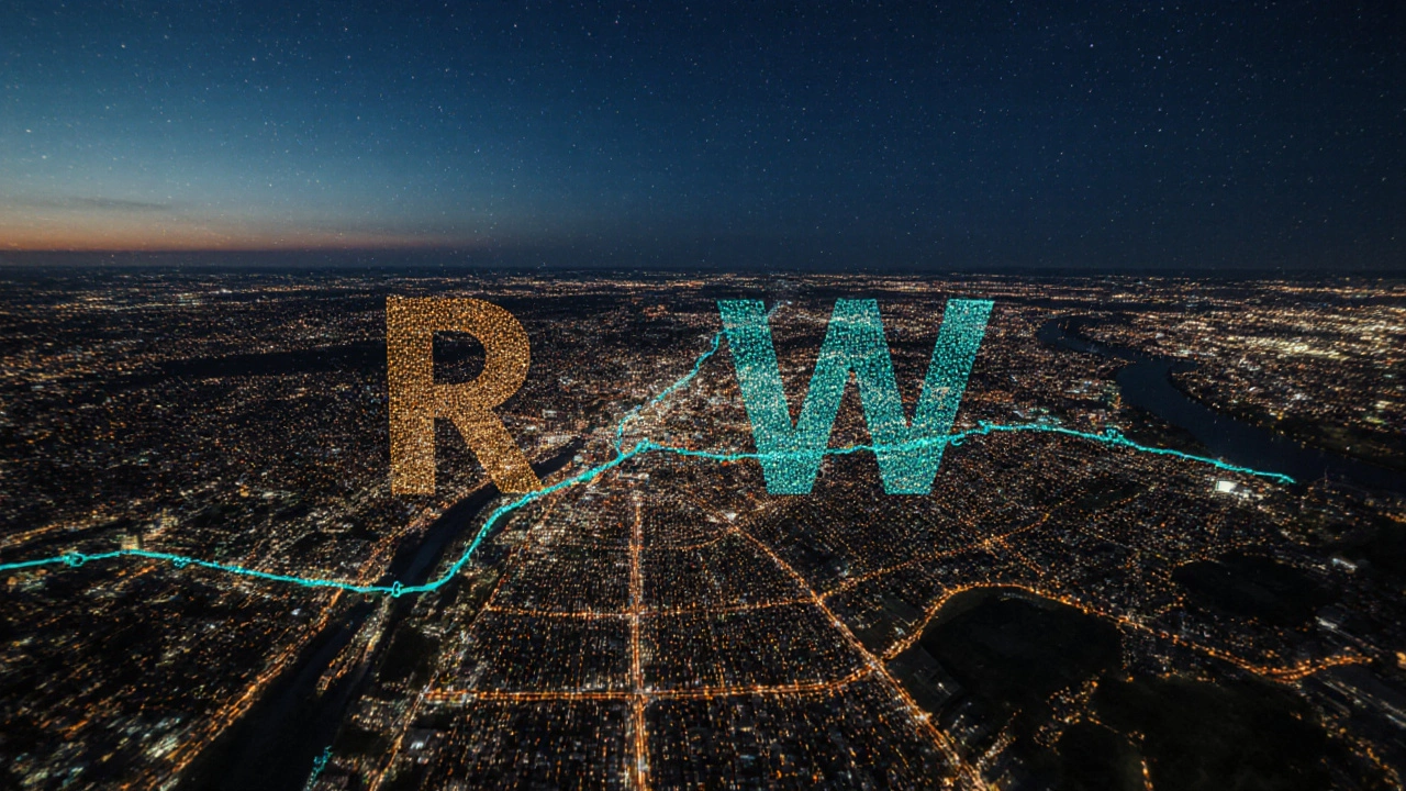 Nachtsicht aus der Luft, leuchtende Städte bilden Symbol für Rheinland und Westfalen.