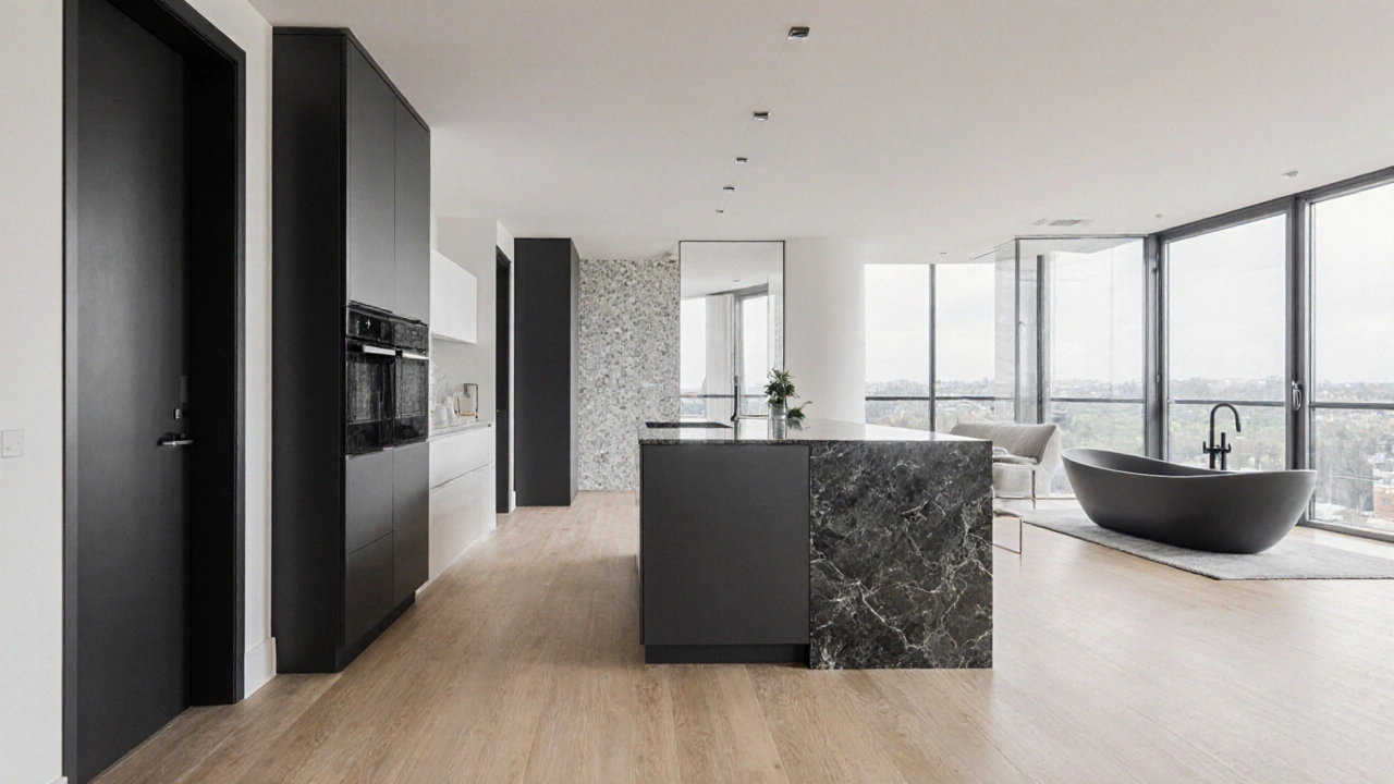Offenes, helles Apartment mit großen Fenstern, moderner Küche und Holzfußboden.