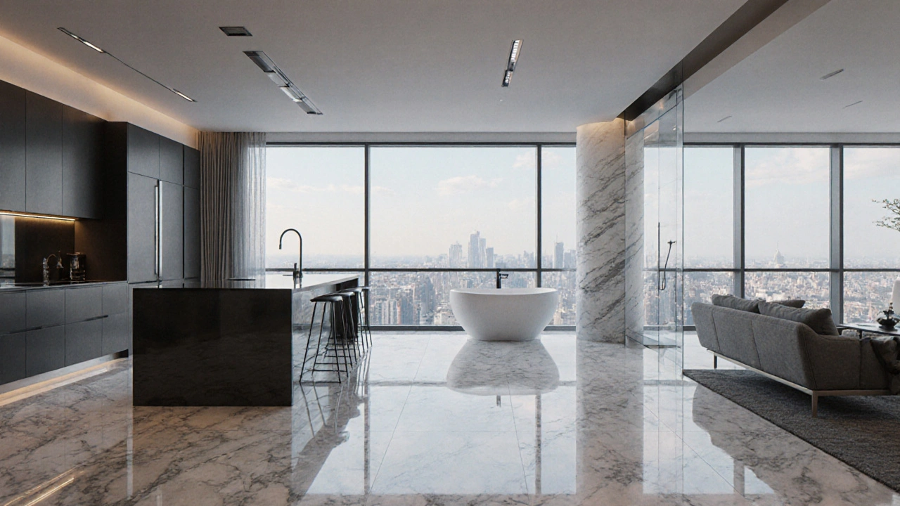 Offenes, lichtdurchflutetes Luxusapartment mit Marmorboden, Designer‑Küche und Badewanne.