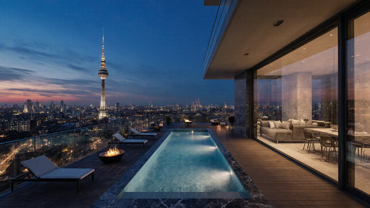 Panorama‑Dachterrasse des „Sky Penthouse“ in Berlin bei Sonnenuntergang mit Blick auf den Fernsehturm und moderner Innenausstattung.