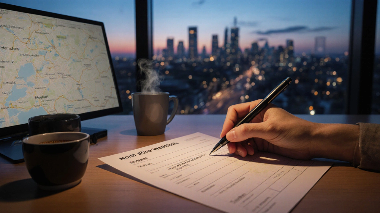 Person füllt an einem Schreibtisch ein Formular für eine internationale Adresse mit Blick auf die Düsseldorfer Skyline.