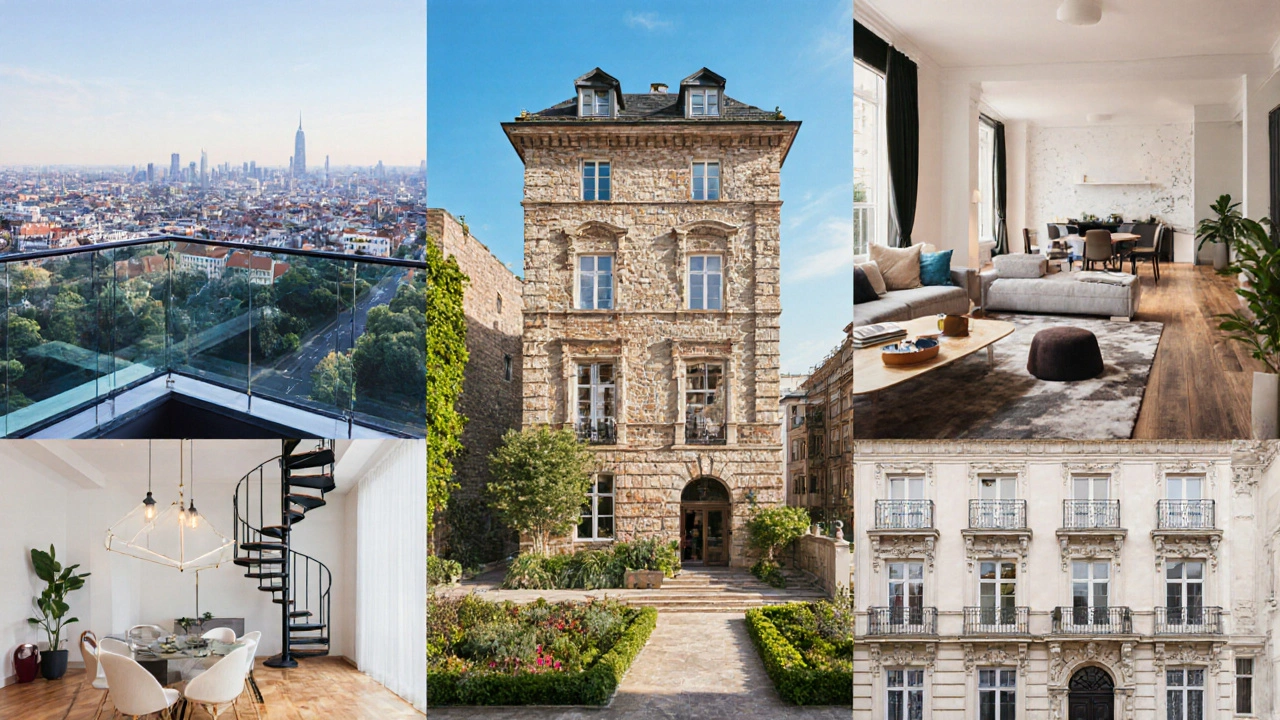 Übersicht verschiedener Luxuswohnformen: Penthouse mit Terrasse, Stadtvilla, Designerwohnung, Loft, Maisonette, Residenz.