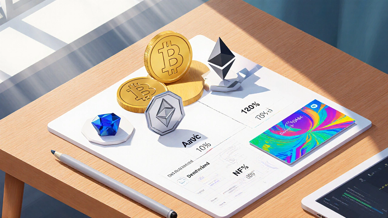 Übersichtliche Anordnung von Bitcoin, Ethereum, Stablecoin, DeFi‑Token und NFT auf Schreibtisch.
