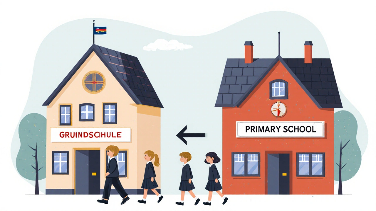 Vergleich zweier Schulgebäude: deutsche Grundschule und britische Primary School.