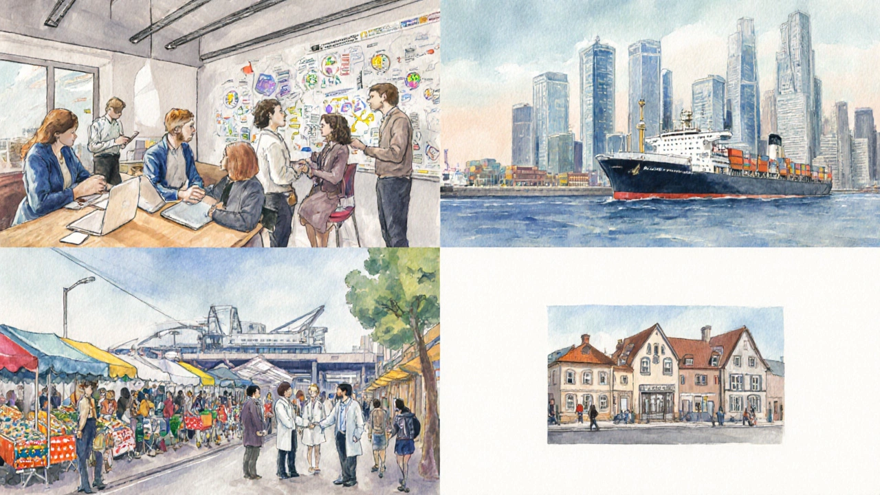 Verschiedene Stadtszenen – Berlin, Frankfurt, Hamburg, München und Oer‑Erkenschwick – jeweils mit typischen Arbeits‑ und Bildungsbereichen.