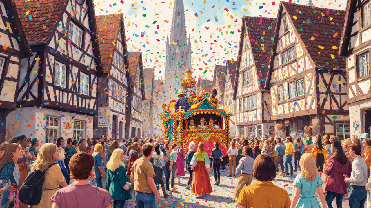 Bunte Karnevalsumzugsszene in der Kölner Altstadt mit Menschen, Konfetti und historischen Häusern.