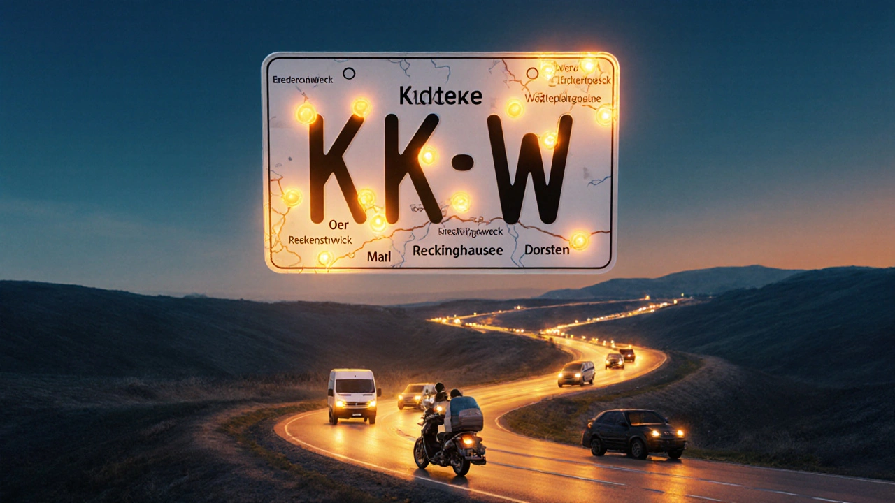 Das KW-Kennzeichen über einer Karte des Kreises Recklinghausen, mit Lichtpunkten für die 14 Gemeinden und fahrenden Fahrzeugen.