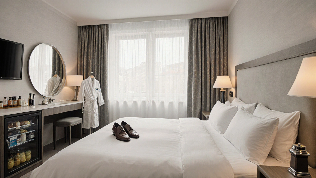 Deluxe-Zimmer mit Premium-Bettwäsche, Markenkosmetik und Kaffeestation in warmem Morgenlicht.