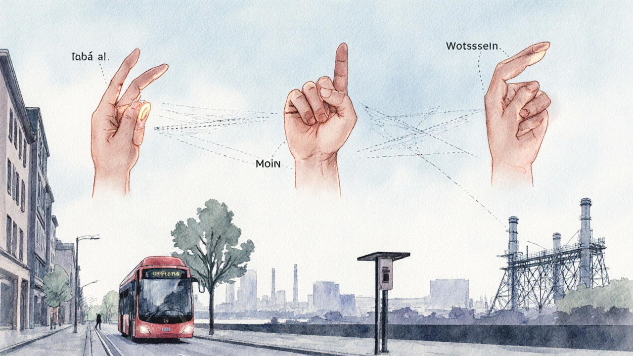 Drei regionale Begrüßungen als schwebende Symbole: Äh, Na? und Moin in einer Wasserfarb-Illustration.
