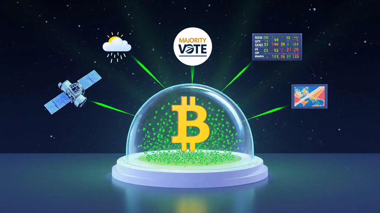Eine Blockchain unter einer Glasblase empfängt Daten von Satellit, Aktienkurs und Sportergebnis.