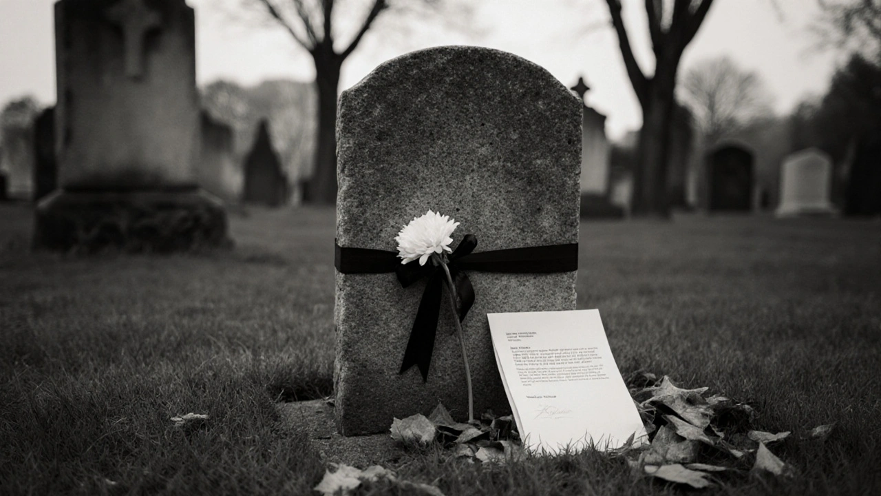 Einfacher Grabstein auf dem Friedhof an der Hohenstraße mit Blume und schwarzer Schleife.
