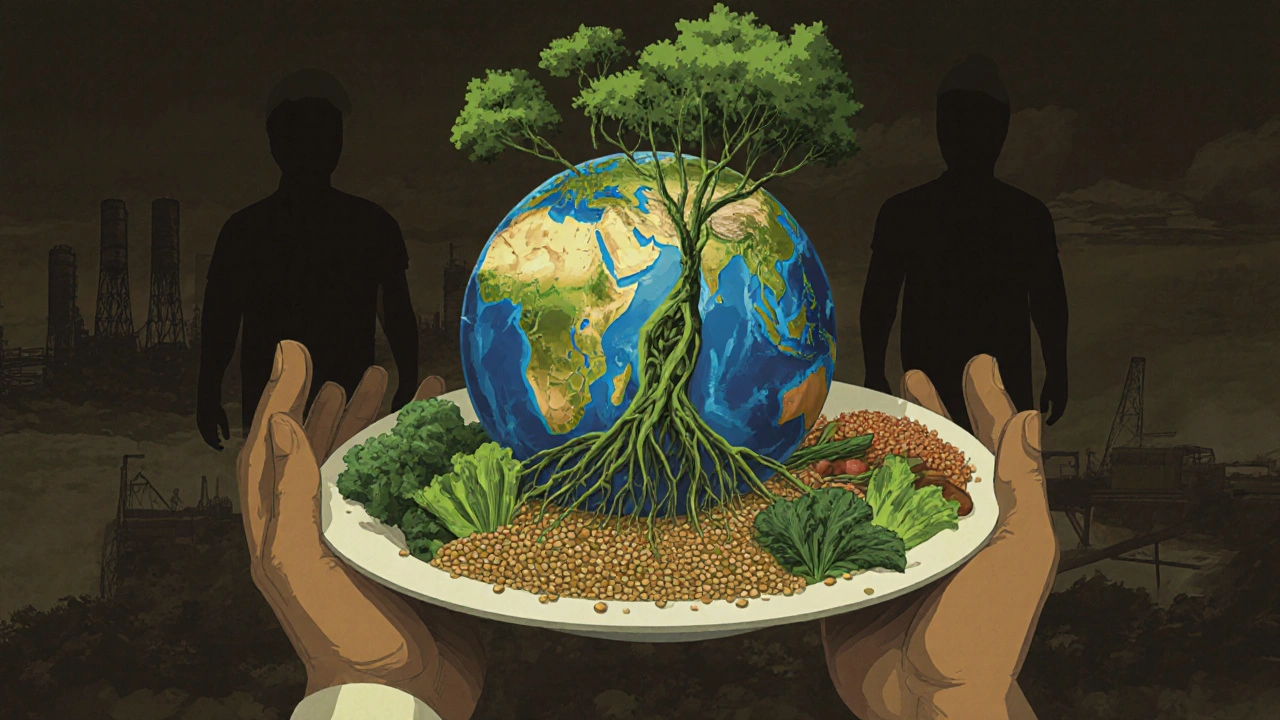 Erde als Kugel, die aus einer veganen Mahlzeit wächst, während Tierfarmen verschwinden.
