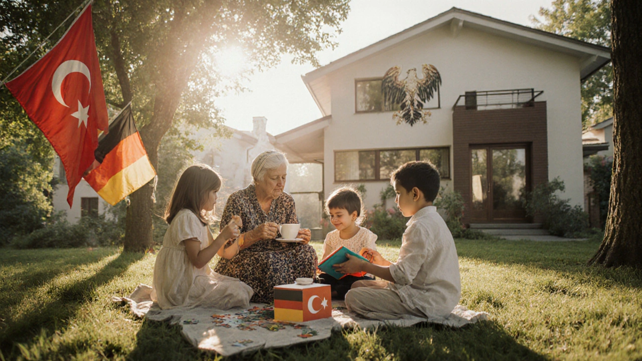 Familienporträt in einem Garten: Oma serviert Tee, Kinder mit türkischem und deutschem Buch.