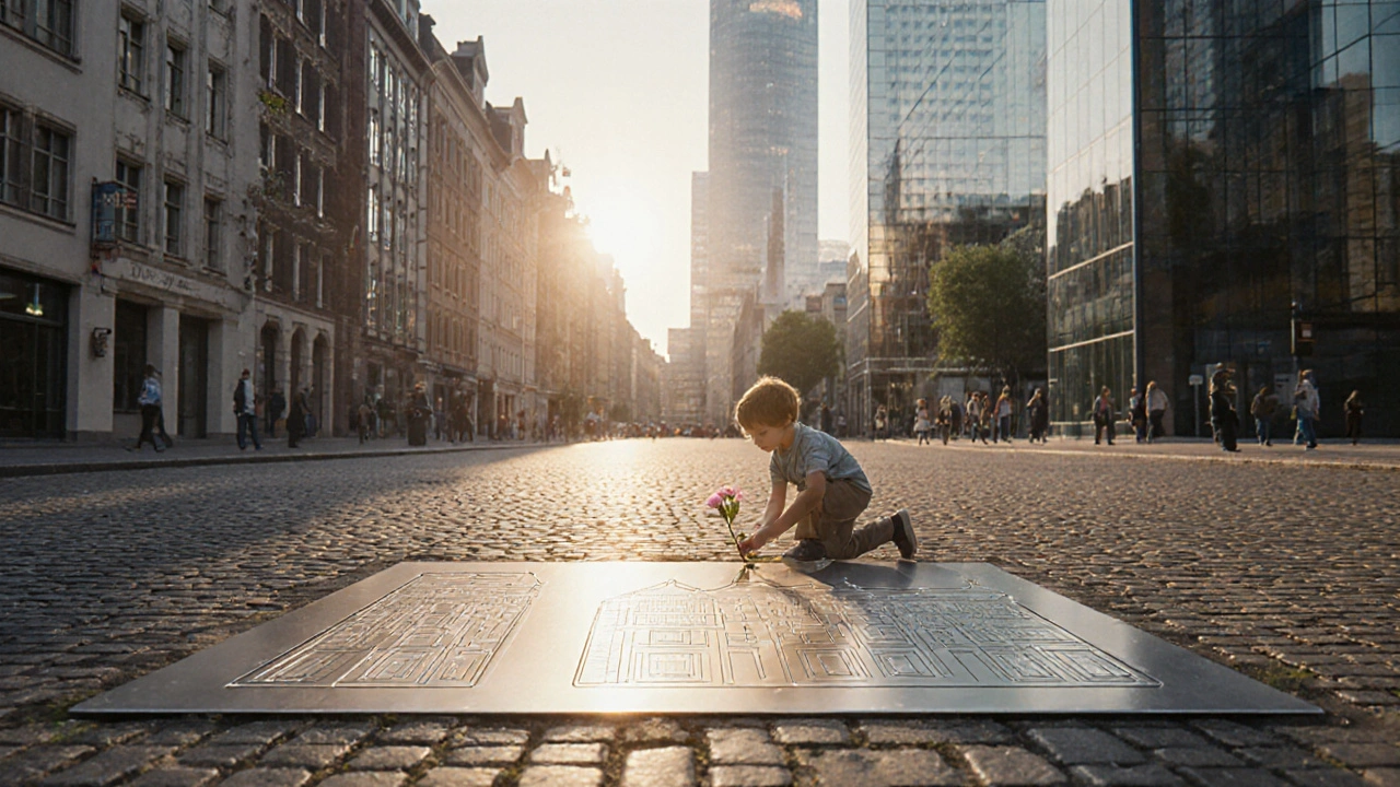 Gedenkplatten in Düsseldorfer Fußgängerzone zeigen die Grundrisse zerstörter Häuser, Blume auf einem Metallfeld.