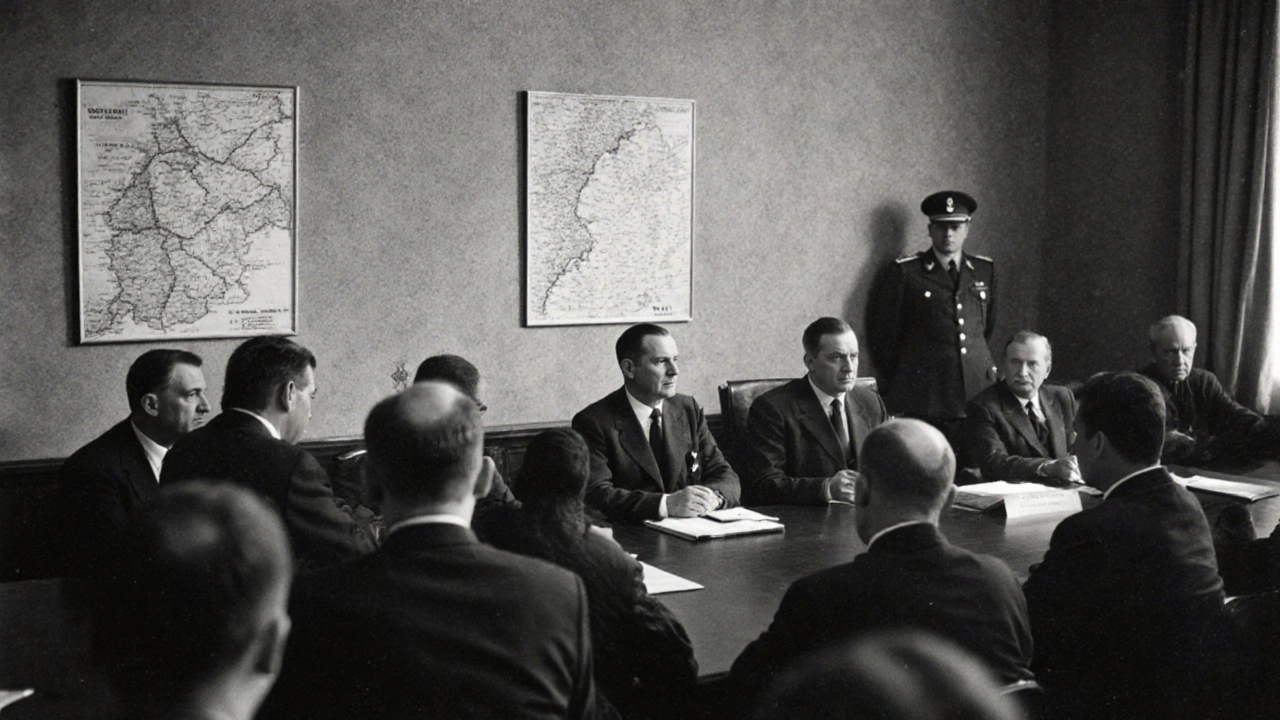 German officials in 1947 debating the formation of Rhineland-Palatinate amid historical maps.