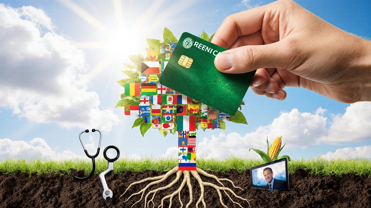 Grüne Karte mit Wurzeln aus 150 Ländern, die einen Baum mit Berufssymbolen nähren.