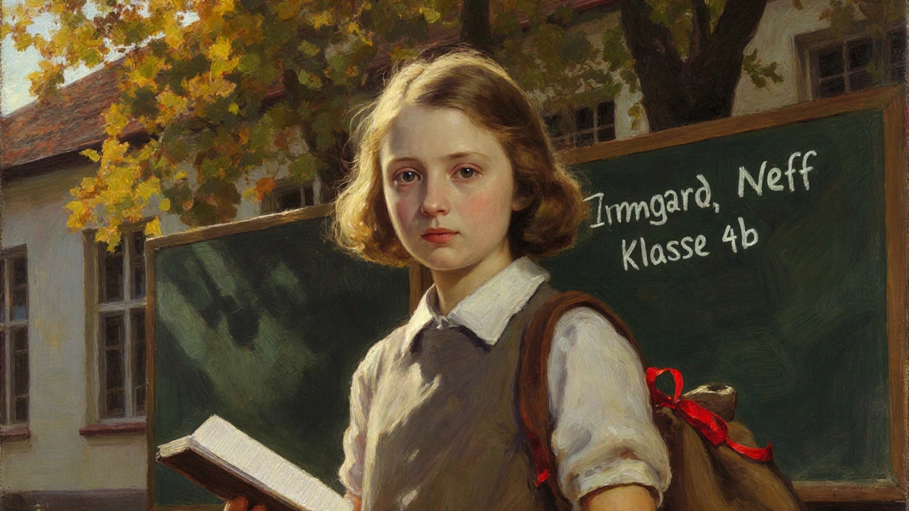 Junge Irmgard Neff vor ihrer Schule in Oer-Erkenschwick, 1958, mit Schulbuch und sonnendurchfluteter Umgebung.