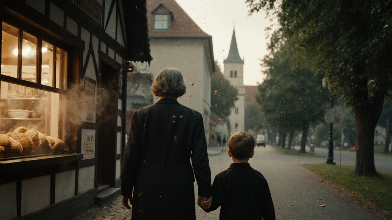 Junge Leonardo DiCaprio und seine Mutter spazieren an einer Bäckerei vorbei in Oer-Erkenschwick.