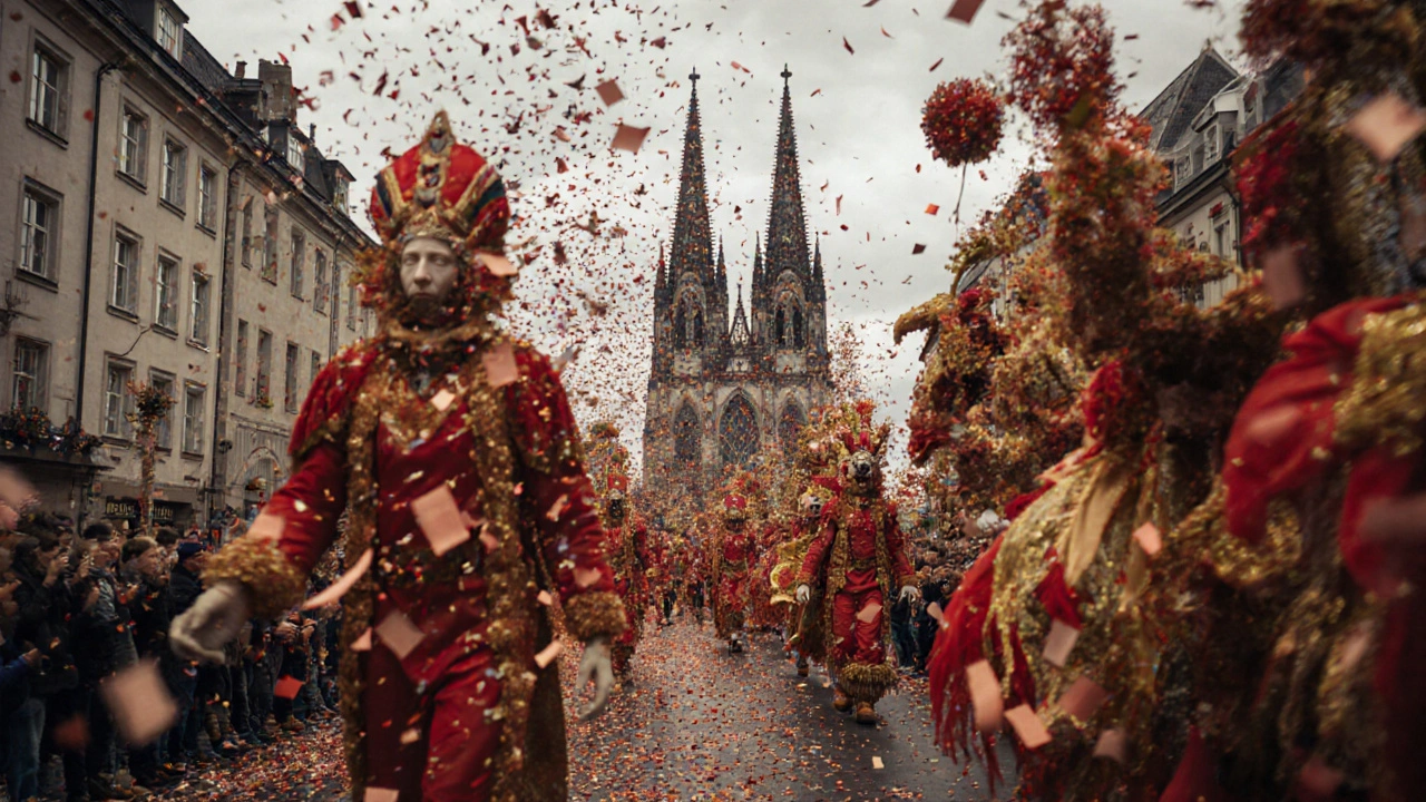 Karnevalsumzug in Köln mit bunten Wagen und feiernden Menschen
