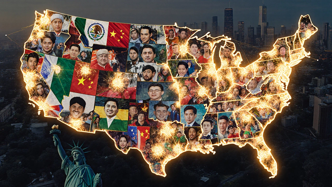 Karte der USA aus Porträts von Einwanderern aus Mexiko, Indien, China und anderen Ländern.