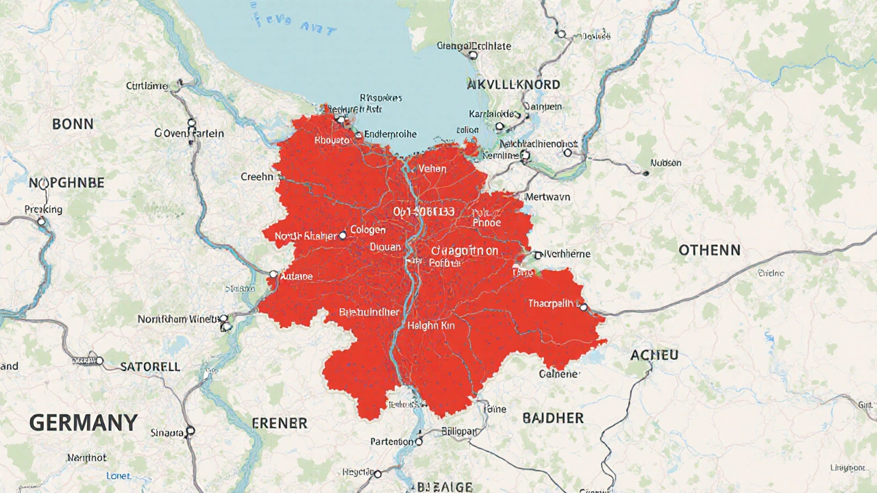 Karte von Nordrhein-Westfalen mit Köln als zentralem Punkt