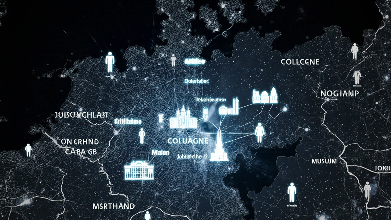 Karte von Nordrhein-Westfalen mit leuchtenden Punkten, die Köln als bevölkerungsreichste Stadt hervorheben.
