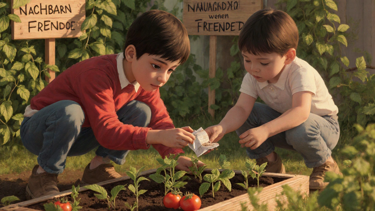 Kinder aus verschiedenen Kulturen pflanzen gemeinsam Gemüse in einem Gemeinschaftsgarten.