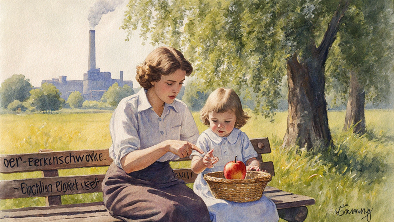 Kinderbild von Laura Linney mit ihrer Mutter in Oer-Erkenschwick, Sommer, Apfel im Korb, lindengesäumter Weg.