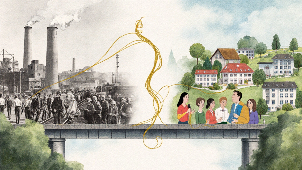 Künstlerische Darstellung von Oer-Erkenschwick als Brücke zwischen industrieller Vergangenheit und integrativer Gegenwart.