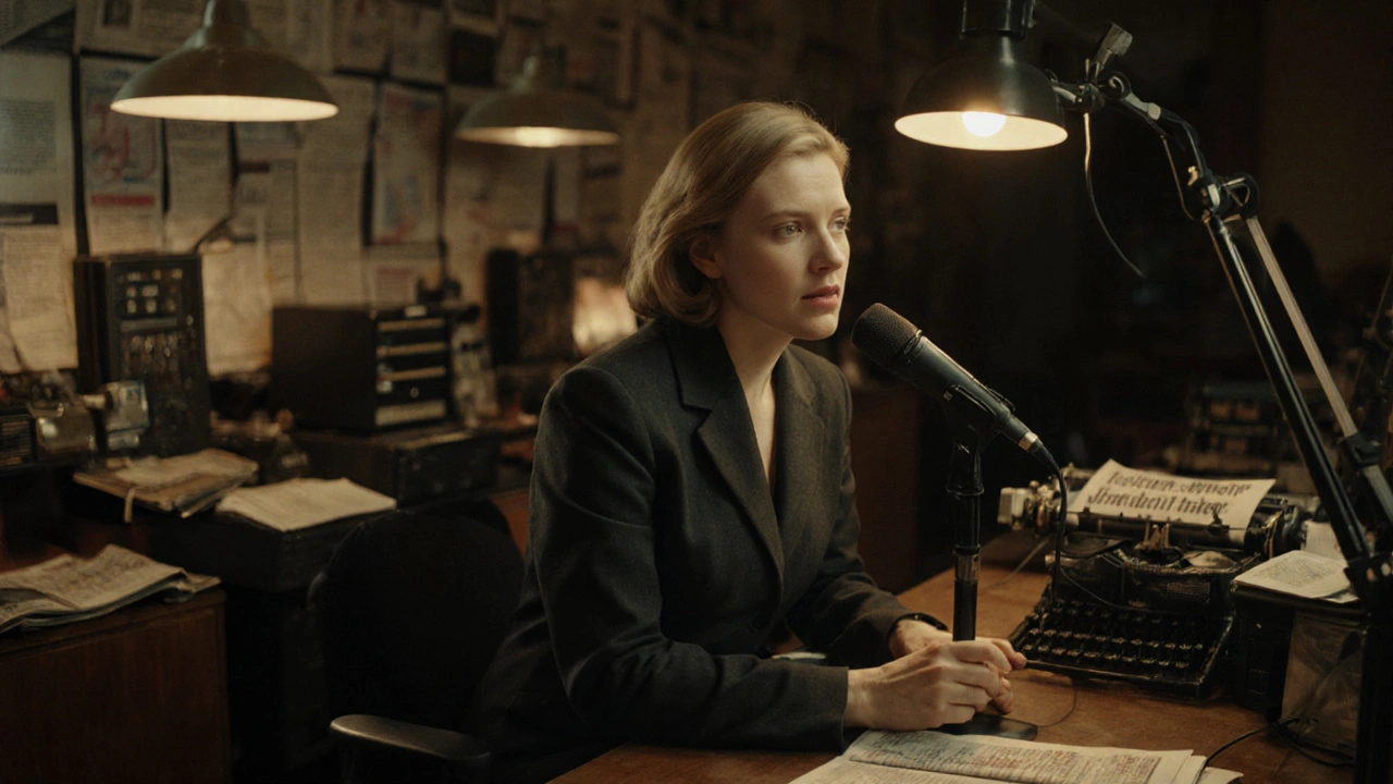 Laura Linney als deutsche Journalistin in einem Fernsehstudio der 1980er Jahre, intensiv sprechend.