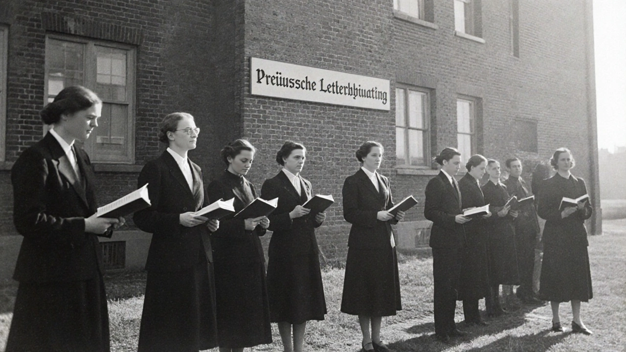 Lehrer stehen vor einem preußischen Schulgebäude in Westfalen mit Lehrplänen.