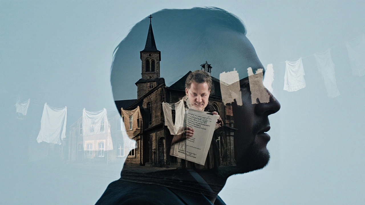 Leonardo DiCaprios Gesicht verschmilzt mit der Silhouette von Oer-Erkenschwicks Bahnhof und Kirchturm, Symbol für seine doppelte Herkunft.