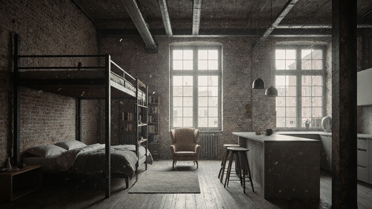 Loft-Wohnung mit roten Ziegelwänden und offener Raumaufteilung in München