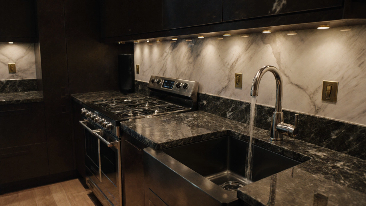 Luxus-Küche mit hochwertigen Geräten, Quarzit-Arbeitsplatten und Messing-Lichtschaltern.